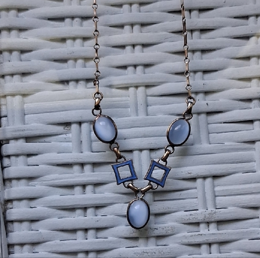 Blue Moonstone & Amco Stamped Silver Geometric Necklace art deco vintage - Picture 3 of 5